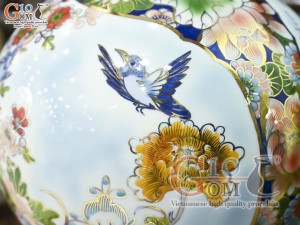 Bình hút lộc men màu Nhị Cảnh Thuận Buồm Xuôi Gió - Chim Hoa vẽ vàng 24k, cao 30cm