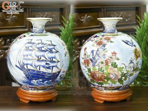 Bình hút lộc men màu Nhị Cảnh Thuận Buồm Xuôi Gió - Chim Hoa vẽ vàng 24k, cao 30cm