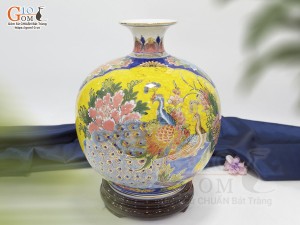 Bình hút lộc men màu nhị cảnh Thuận Buồm Xuôi Gió và Công Danh Phú Quý vẽ vàng 24k, cao 30cm - mẫu 004