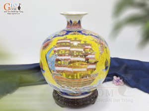 Bình hút lộc men màu nhị cảnh Thuận Buồm Xuôi Gió và Công Danh Phú Quý vẽ vàng 24k, cao 30cm - mẫu 004
