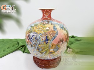 Bình hút lộc men màu nhị cảnh Thuận Buồm Xuôi Gió và Công Danh Phú Quý vẽ vàng 24k, cao 35cm - mẫu 002