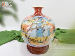 Bình hút lộc men màu nhị cảnh Thuận Buồm Xuôi Gió và Công Danh Phú Quý vẽ vàng 24k, cao 35cm - mẫu 002