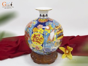 Bình hút lộc men màu nhị cảnh Thuận Buồm Xuôi Gió và Công Danh Phú Quý vẽ vàng 24k, cao 26cm - mẫu 001