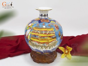 Bình hút lộc men màu nhị cảnh Thuận Buồm Xuôi Gió và Công Danh Phú Quý vẽ vàng 24k, cao 26cm - mẫu 001