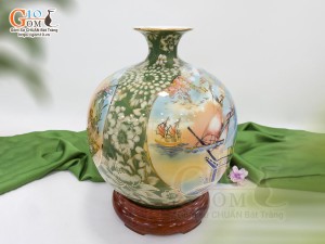 Bình hút lộc men màu nhị cảnh Thuận Buồm Xuôi Gió và Công Danh Phú Quý vẽ vàng 24k, cao 35cm - mẫu 003