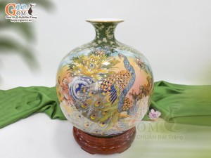 Bình hút lộc men màu nhị cảnh Thuận Buồm Xuôi Gió và Công Danh Phú Quý vẽ vàng 24k, cao 35cm - mẫu 003