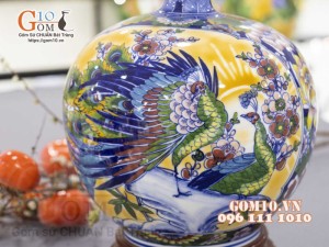 Bình hút lộc men màu Nhị cảnh Thuận Buồm Xuôi Gió và Công Đào, cao 23cm