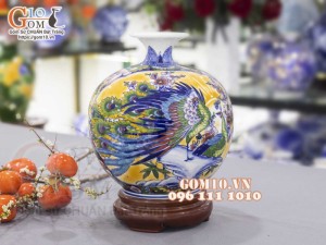 Bình hút lộc men màu Nhị cảnh Thuận Buồm Xuôi Gió và Công Đào, cao 30cm