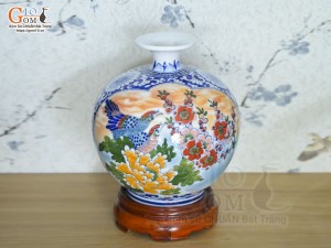 Bình hút lộc men màu Nhị cảnh Thuận Buồm Xuôi Gió và Công Đào nền cam, cao 25cm