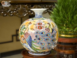 Bình hút lộc men màu Nhị cảnh Thuận Buồm Xuôi Gió và Công Đào Phú Quý, cao 35cm