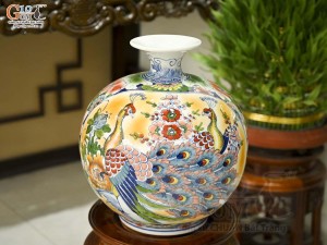 Bình hút lộc men màu Nhị cảnh Thuận Buồm Xuôi Gió và Công Đào Phú Quý, cao 35cm