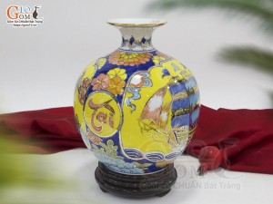 Bình hút lộc men màu nhị cảnh Thuận Buồm Xuôi Gió và Trĩ Đào Như Ý vẽ vàng 24k, cao 22cm