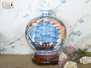 Bình hút lộc men màu Nhị cảnh viền hoa nền cam, cao 25cm