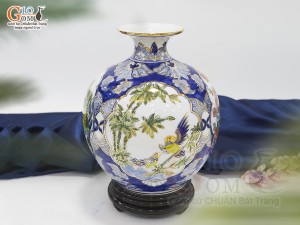 Bình hút lộc men màu tứ cảnh Tùng Cúc Trúc Mai vẽ vàng 24k, cao 22cm