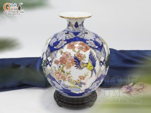 Bình hút lộc men màu tứ cảnh Tùng Cúc Trúc Mai vẽ vàng 24k, cao 22cm