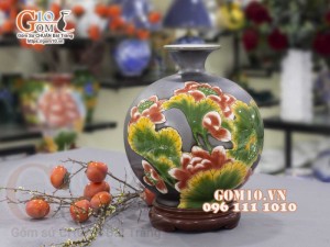 Bình hút lộc men màu vẽ cảnh hoa Sen, cao 35cm