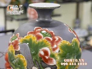 Bình hút lộc men màu vẽ cảnh hoa Sen, cao 35cm