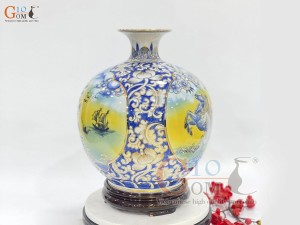 Bình hút lộc men màu vẽ cảnh Thuận Buồm Xuôi Gió - Mã Đáo Thành Công, cao 30cm vẽ vàng 24k