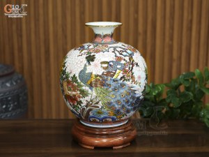 Bình hút lộc men màu vẽ Công Danh Phú Quý vẽ vàng, cao 30cm