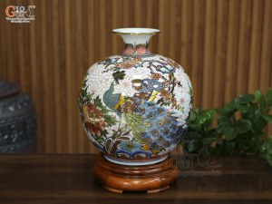 Bình hút lộc men màu vẽ Công Danh Phú Quý vẽ vàng, cao 30cm