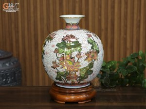 Bình hút lộc men màu vẽ Công Danh Phú Quý vẽ vàng, cao 30cm