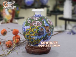 Bình hút lộc men màu vẽ Công Đào, nền xanh cao 23cm