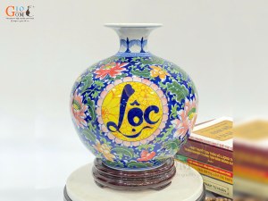 Bình hút lộc men màu vẽ Lộc Mãn Đường, cao 25cm