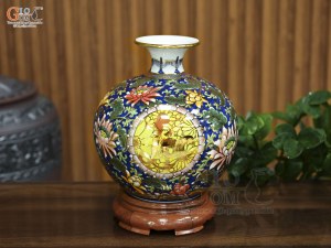 Bình hút lộc men màu vẽ Lộc Mãn Đường vẽ vàng, cao 25cm