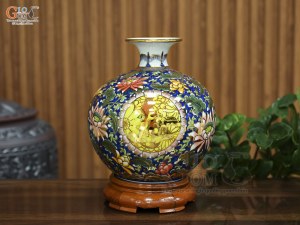 Bình hút lộc men màu vẽ Lộc Mãn Đường vẽ vàng, cao 25cm