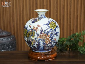 Bình hút lộc men màu vẽ Phú Quý Trường Thọ vẽ vàng, cao 35cm