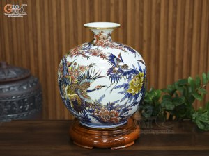 Bình hút lộc men màu vẽ Phú Quý Trường Thọ vẽ vàng, cao 35cm