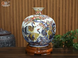 Bình hút lộc men màu vẽ Phú Quý Trường Thọ vẽ vàng, cao 35cm