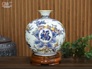 Bình hút lộc men màu vẽ Tài Lộc Mãn Đường vẽ vàng, cao 35cm