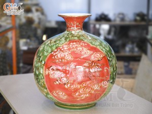 Bình hút lộc men màu vẽ Tam Hợp Thân - Tý - Thìn vẽ vàng 24k, cao 42cm