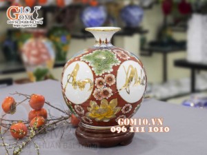 Bình hút lộc men màu vẽ vàng 24k, cảnh An Phúc Đức Tài, cao 35cm