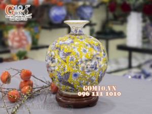 Bình hút lộc men màu vẽ vàng 24k, cảnh Chim Hoa Phú Quý, nền vàng cao 30cm