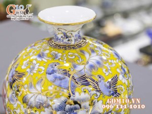 Bình hút lộc men màu vẽ vàng 24k, cảnh Chim Hoa Phú Quý, nền vàng cao 30cm