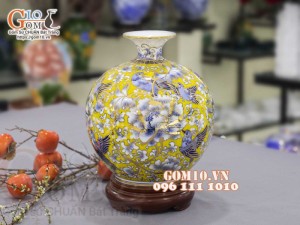 Bình hút lộc men màu vẽ vàng 24k, cảnh Chim Hoa Phú Quý, nền vàng cao 30cm