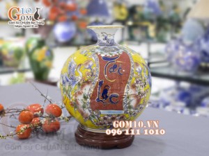 Bình hút lộc men màu vẽ vàng 24k, cảnh Chim Hoa Tài Lộc, cao 30cm
