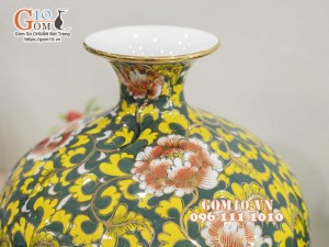 Bình hút lộc men màu vẽ vàng 24k, cảnh Bảo Tiên Mẫu Đơn, cao 33cm