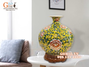 Bình hút lộc men màu vẽ vàng 24k, cảnh Bảo Tiên Mẫu Đơn, cao 33cm