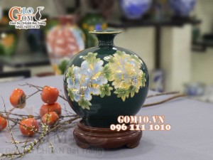 Bình hút lộc men màu vẽ vàng 24k, cảnh hoa Sen, nền xanh cao 30cm