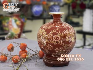 Bình hút lộc men màu vẽ vàng 24k, cảnh Long Phụng Sum Vầy, cao 35cm