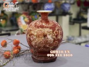 Bình hút lộc men màu vẽ vàng 24k, cảnh Long Phụng Sum Vầy, cao 35cm