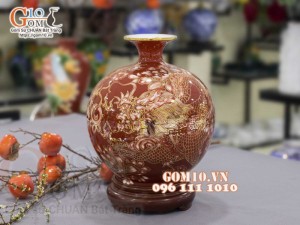 Bình hút lộc men màu vẽ vàng 24k, cảnh Long Phụng Sum Vầy, cao 35cm