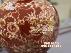 Bình hút lộc men màu vẽ vàng 24k, cảnh Long Phụng Sum Vầy, cao 35cm