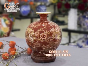 Bình hút lộc men màu vẽ vàng 24k, cảnh Long Phụng Sum Vầy, cao 30cm