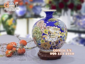 Bình hút lộc men màu vẽ vàng 24k, cảnh Phú Quý Ngàn Hoa, cao 30cm