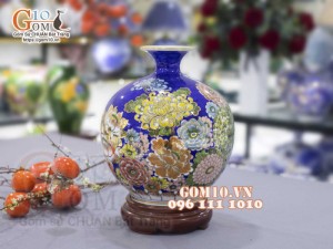 Bình hút lộc men màu vẽ vàng 24k, cảnh Phú Quý Ngàn Hoa, cao 30cm