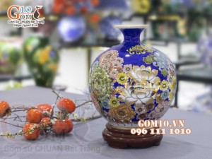 Bình hút lộc men màu vẽ vàng 24k, cảnh Phú Quý Ngàn Hoa, cao 35cm